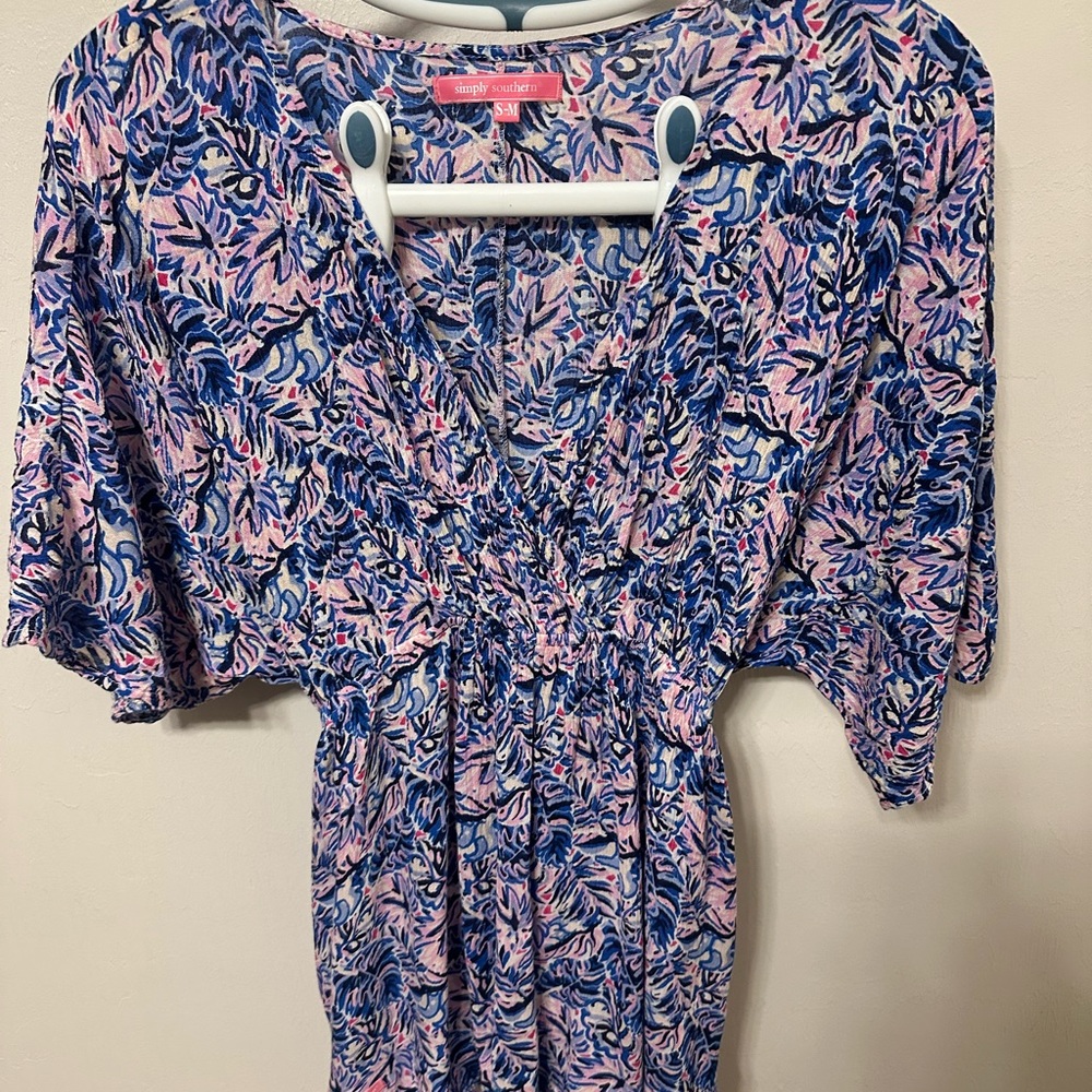 Simply Southern Blue and Pink Puff Sleeve Blouse